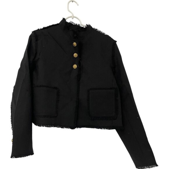 Zara Womens Jacket Large Black Wool Frayed Fringed Button Front Cropped NWOT - Picture 1 of 7